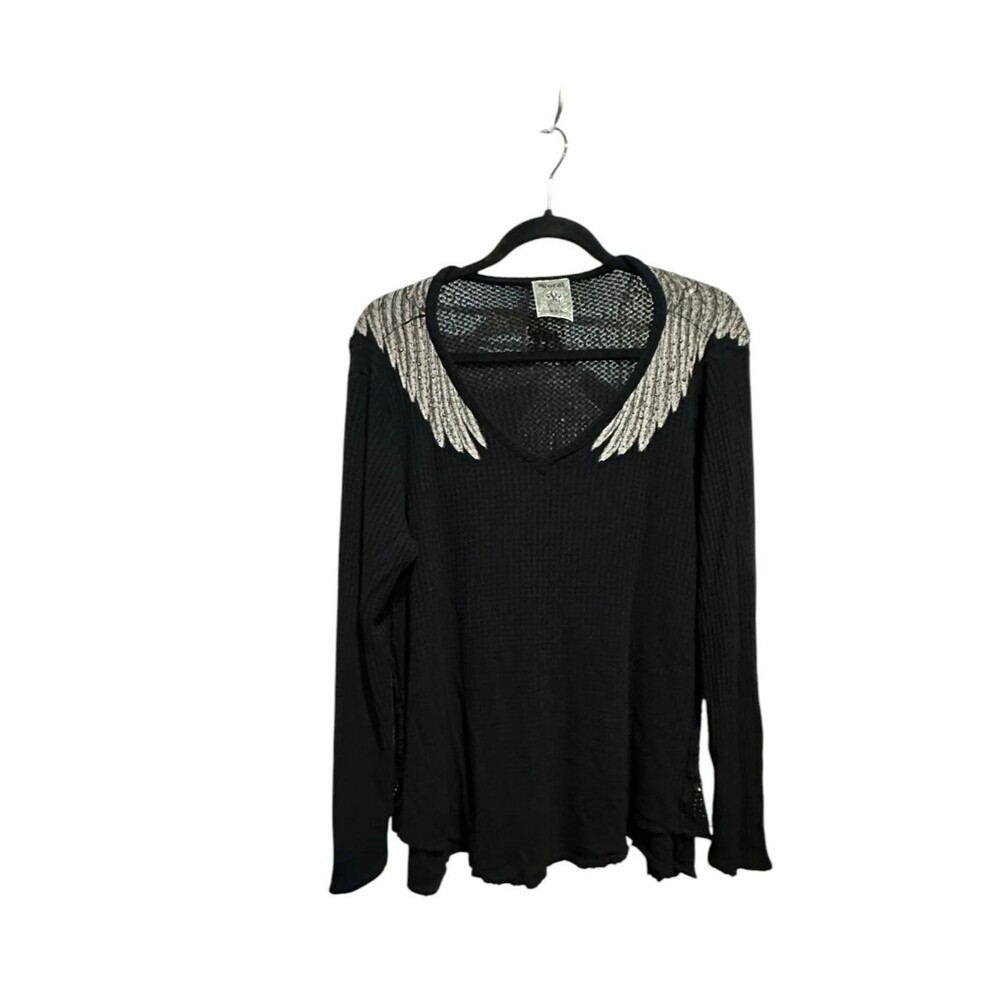 Vocal Apparel Women's Crystal Black Angel Wings Long Sleeve XL Top Rhinestone